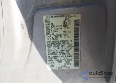 2008 Nissan Pathfinder Se z USA, uszkodzony, nr VIN 5N1AR18B98C637898